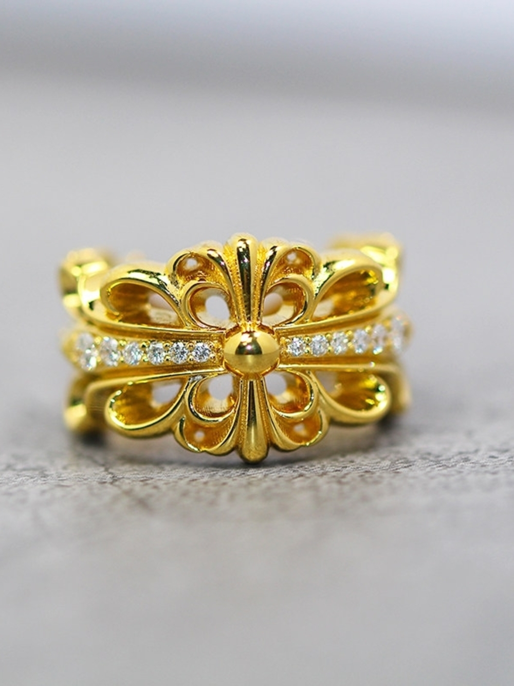 Chrome Hearts Gold-Tone Floral Filigree Ring with Crystal Row - Picture 2 of 7